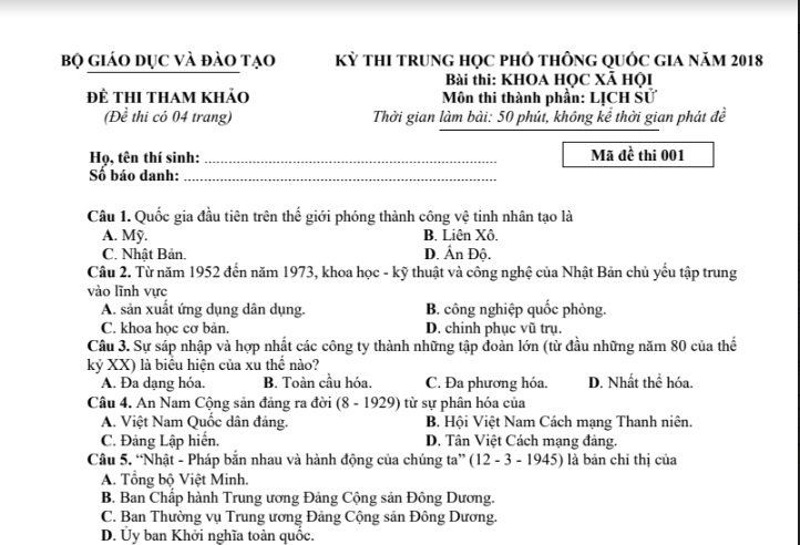 Bộ Giáo dục công bố đề thi minh họa kỳ thi THPT quốc gia 2018 Bộ Giáo dục công bố đề thi minh họa kỳ thi THPT quốc gia 2018